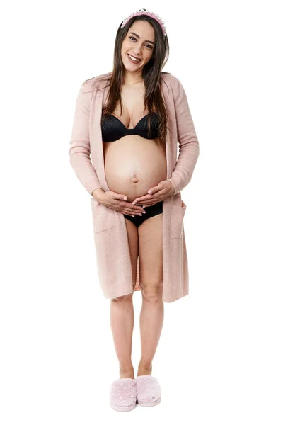 Schwangere Frau Schwarzer Unterwäsche Posiert Isoliert Auf Weißem Hintergrund — Stockfoto