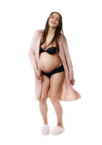 Femme Enceinte Sous Vêtements Noirs Posant Isolé Sur Fond Blanc — Photo