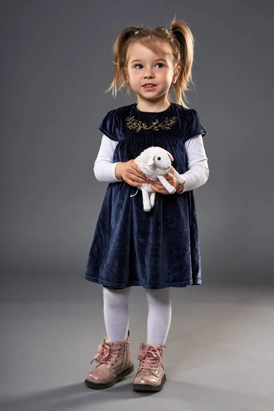 Adorable Little Blond Girl Pigtails Deep Blue Dress Pink Boots — Stock Photo, Image