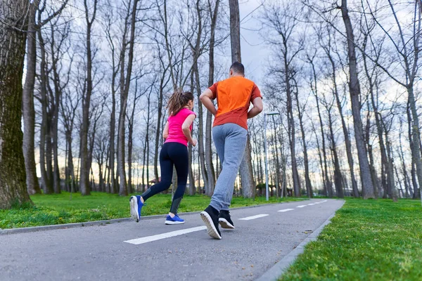 Pareja Joven Atlética Atractiva Corriendo Parque —  Fotos de Stock