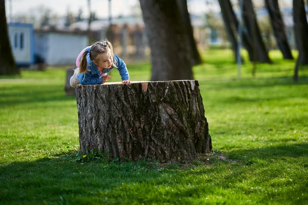 Adorable Petite Fille Assise Sur Une Grosse Souche Dans Parc — Photo