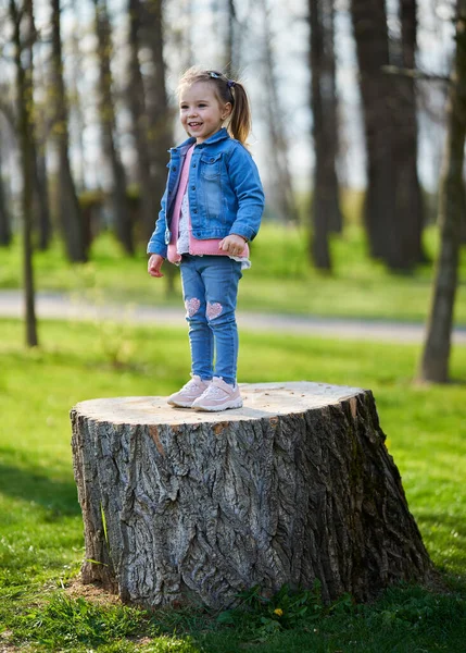 公園の大きな切り株の上に座ってる可愛い女の子 — ストック写真