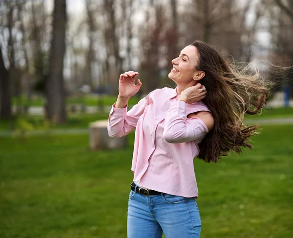 Happy Long Haired Young Woman Park Spinning Letting Her Hair — Stock Photo, Image