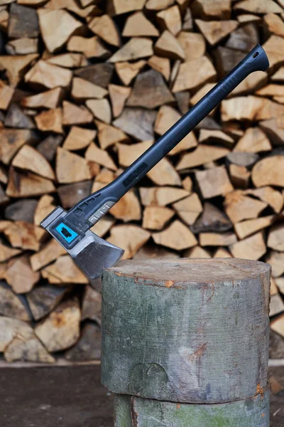 Bir odun yığını tarafından kütüğün içinde ağır bir balta.