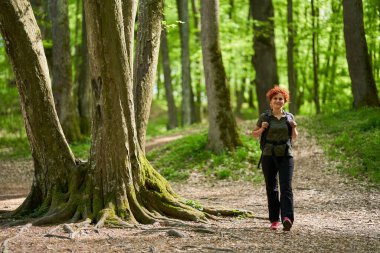 Sırt çantalı beyaz bir kadın ormana doğru yürüyor.