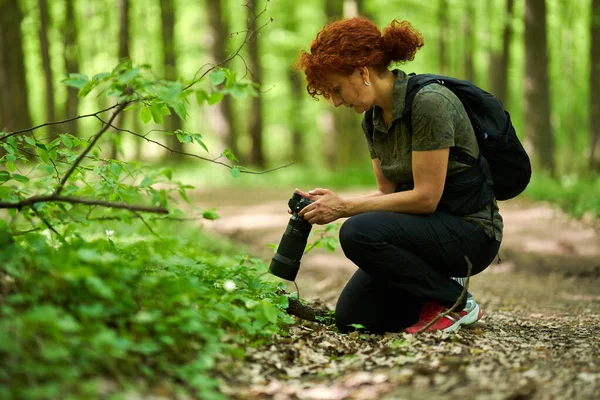 Donna Fotografo Natura Professionale Riprese Nella Foresta — Foto Stock