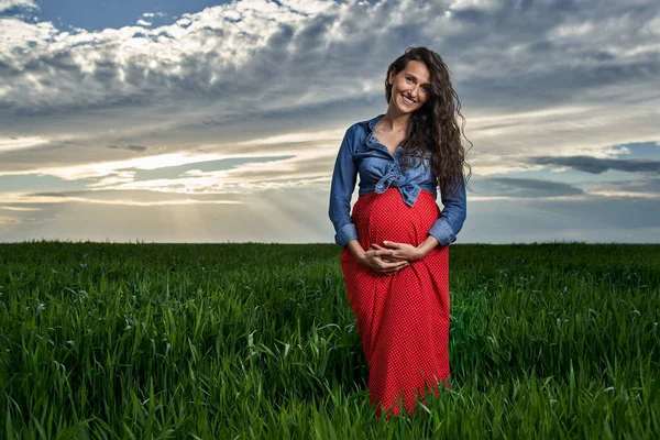 Šťastná Mladá Těhotná Žena Pšeničném Poli Venkově — Stock fotografie