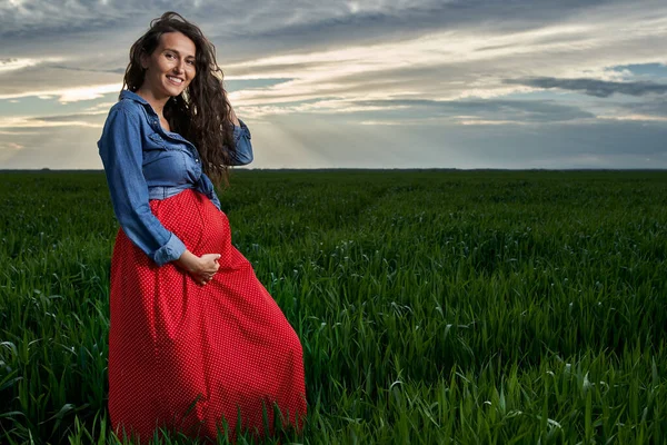 Felice Giovane Donna Incinta Campo Grano Campagna — Foto Stock