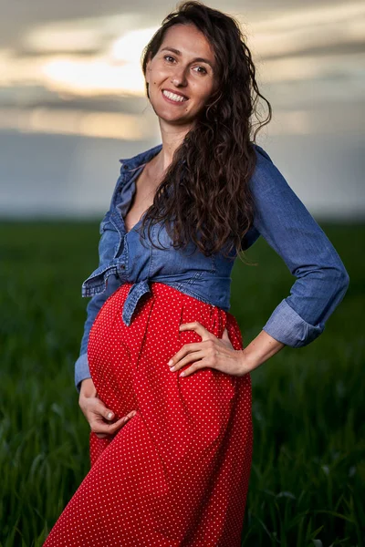 Boldog Fiatal Terhes Egy Búzamezőn Vidéken — Stock Fotó