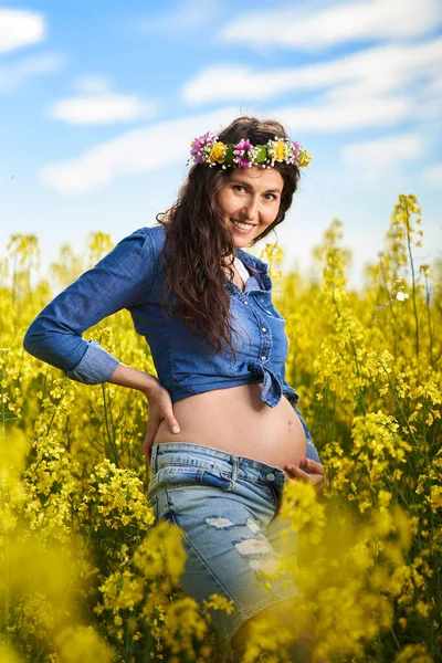 Happy Young Pregnant Woman Canola Field Stock Picture