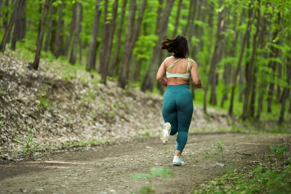 Beautiful Size Runner Woman Running Dirt Road Forest — Stock Photo, Image