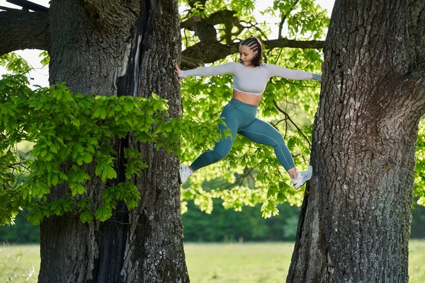 Größe Junge Frau Klettert Eiche — Stockfoto