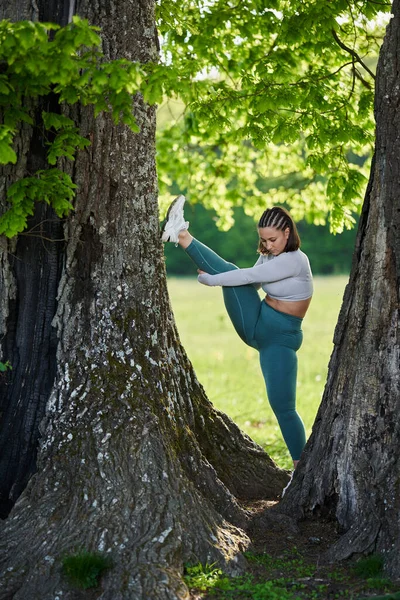 Розмір Плюс Молода Жінка Сходження Дубове Дерево Стокове Зображення