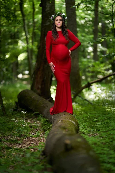 在落叶丛林中 一位身穿红色长裙的美丽的惊慌失措的年轻孕妇的画像 — 图库照片