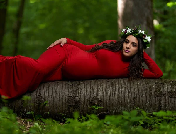 Yazın Yaprak Döken Bir Ormanda Uzun Kırmızı Elbiseli Güzel Bir — Stok fotoğraf