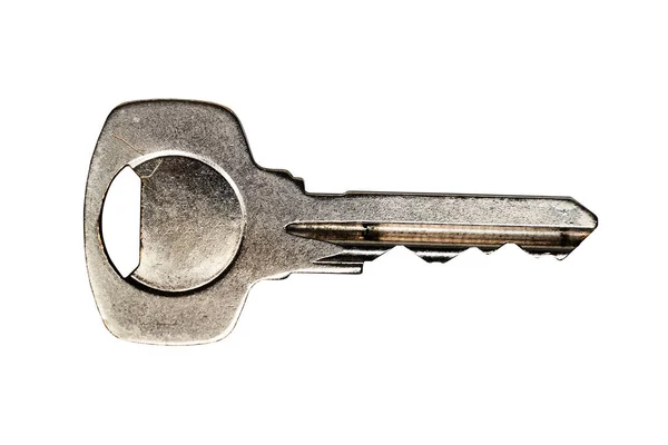 Stainless Steel Key Isolated White Background Macro Shot — Stock Photo, Image