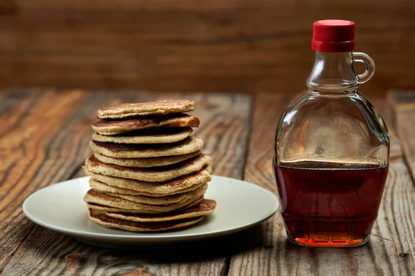 Banana Oat Protein Pancakes Maple Syrup Wooden Board — Stock fotografie