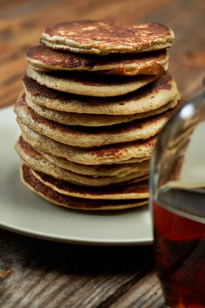 Banana Oat Protein Pancakes Maple Syrup Wooden Board — Stockfoto