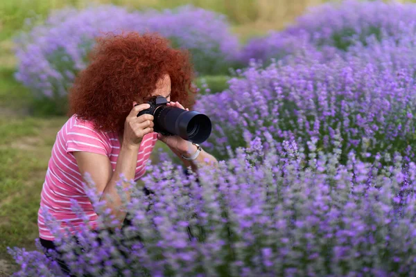 Mujer Fotógrafa Naturaleza Tomando Fotos Macro Campo Lavanda Flor —  Fotos de Stock