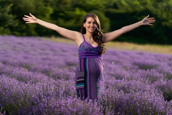 Mooie Jonge Zwangere Vrouw Een Lavendel Veld Volle Bloei — Stockfoto