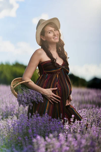 Mulher Grávida Bonita Campo Lavanda Plena Floração — Fotografia de Stock