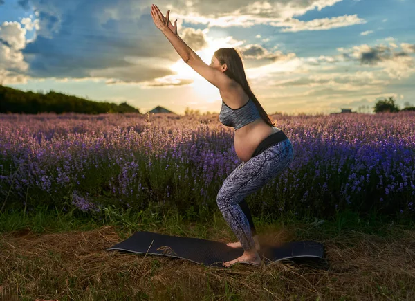 Giovane Donna Incinta Che Esercizi Yoga Campo Lavanda All Alba — Foto Stock
