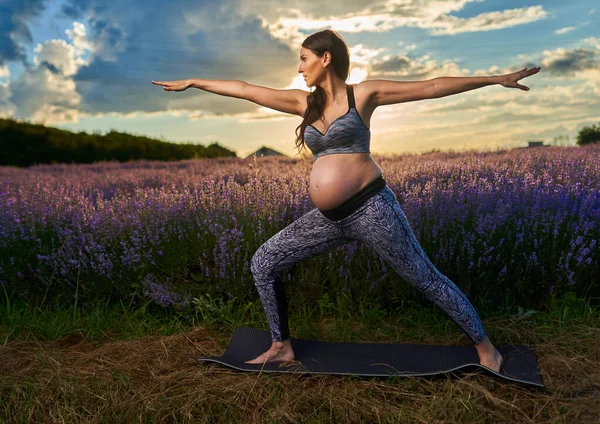 若いです妊娠中の女性行いますヨガ演習でラベンダー畑で日の出 — ストック写真