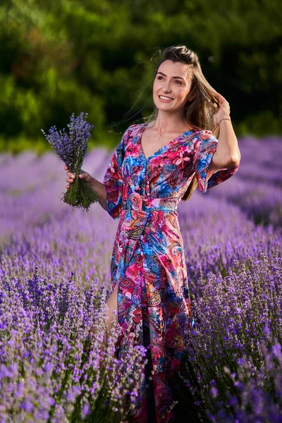 Young Beautiful Woman Floral Dress Bouquet Lavender Field Sunset — Stock Photo, Image