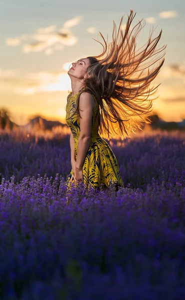 Hermosa Joven Atardecer Volteando Largo Cabello Campo Lavanda Plena Floración —  Fotos de Stock