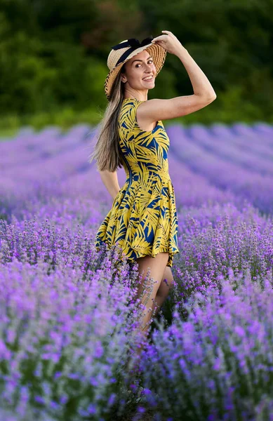 Schöne Junge Frau Bei Sonnenuntergang Einem Lavendelfeld Voller Blüte — Stockfoto