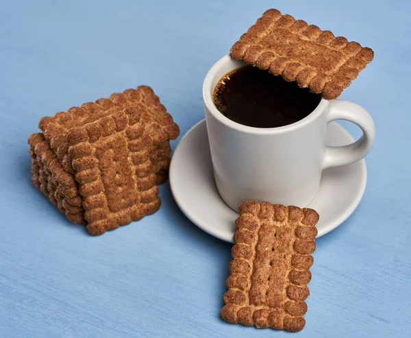 Coffee Digestive Oat Biscuits Blue Wooden Board — Stock Photo, Image