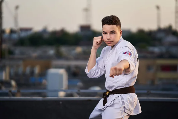 Joven Practicante Karate Adolescente Kimono Blanco Entrenando Azotea Atardecer —  Fotos de Stock