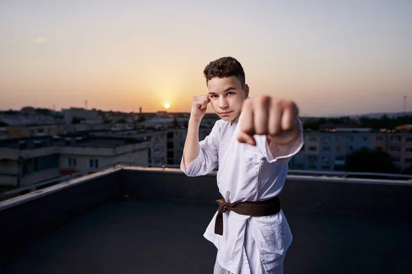 Jeune Adolescent Garçon Karaté Praticien Kimono Blanc Formation Sur Toit Photo De Stock