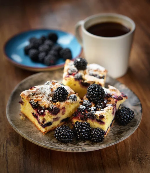 Breakfast Coffee Blackberry Pie Wooden Board — Stock Photo, Image