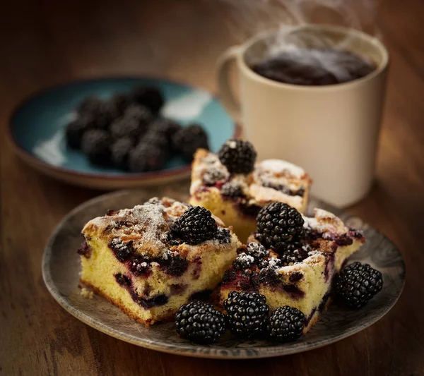 Breakfast Coffee Blackberry Pie Wooden Board — Stock Photo, Image