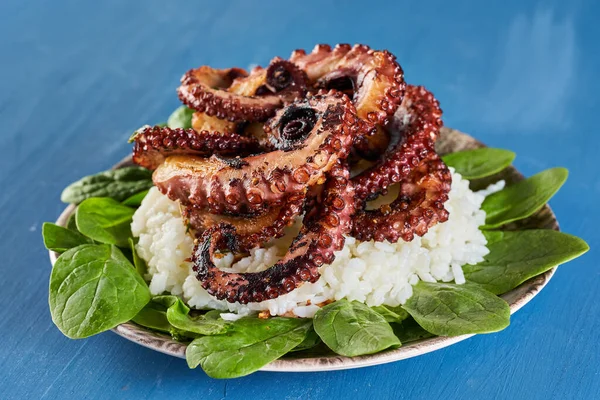 Grillad Bläckfisk Och Kokt Ris Spenatbabyblad — Stockfoto