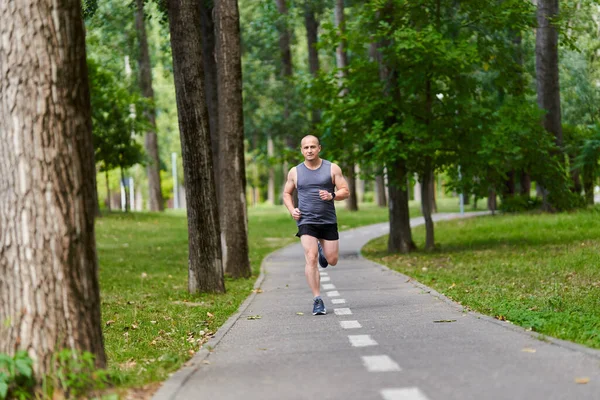 Athletischer Langstreckenläufer Trainiert Den Parkgassen — Stockfoto