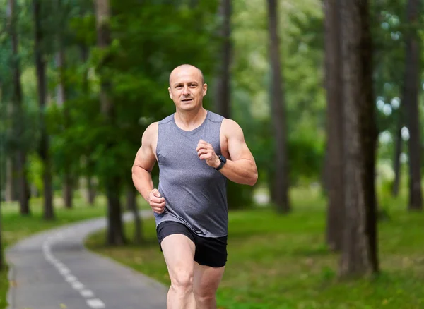 Athletic Man Long Distance Runner Training Park Alleys — Stock Photo, Image