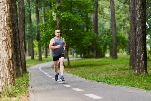 Sportowiec Długodystansowy Trening Biegaczy Alejkach Parku — Zdjęcie stockowe