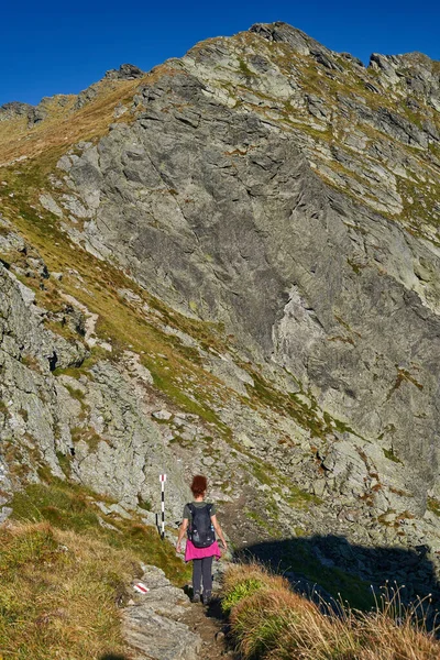 Woman Tourist Backpack Hiking Trail Rocky Mountains Late Summer — Stock Photo, Image