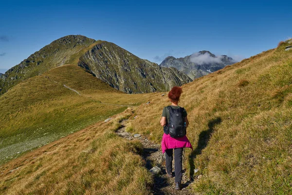 Mulher Turista Com Mochila Caminhadas Uma Trilha Nas Montanhas Rochosas — Fotografia de Stock