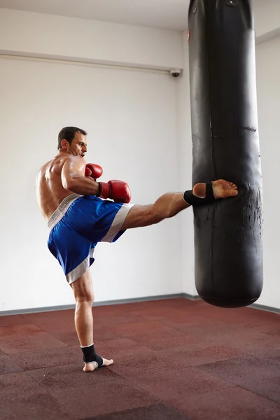 Allenamento kickboxer con sacco da boxe — Foto Stock