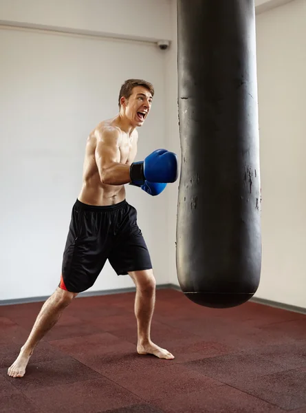 Allenamento kickboxer con sacco da boxe — Foto Stock