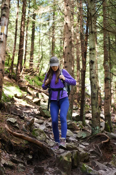 Ormana hiking sırt çantası olan kadın — Stok fotoğraf