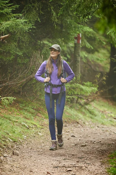 Vrouw met rugzak wandelen in het bos — Stockfoto