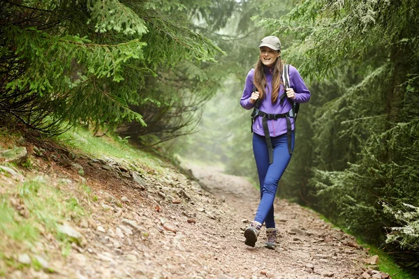 Mulher com mochila caminhando na floresta — Fotografia de Stock