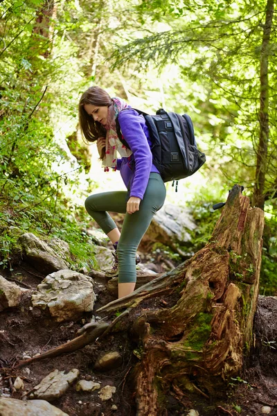 Mulher com mochila caminhando na floresta — Fotografia de Stock