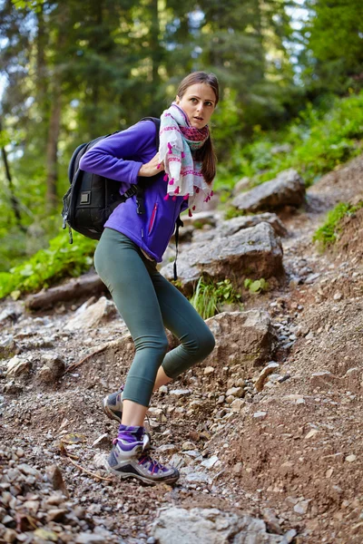 Donna con zaino escursioni nella foresta — Foto Stock