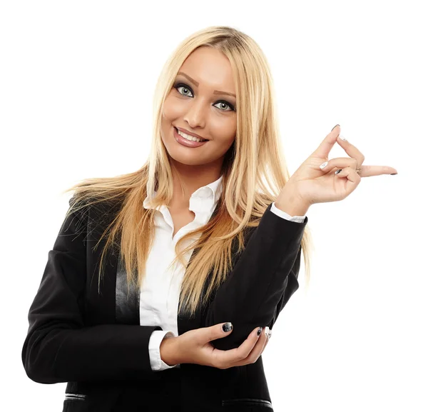 Attractive businesswoman pointing to the copyspace — Stock Photo, Image