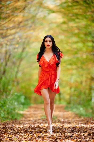 Mujer vestida de rojo en el bosque — Foto de Stock